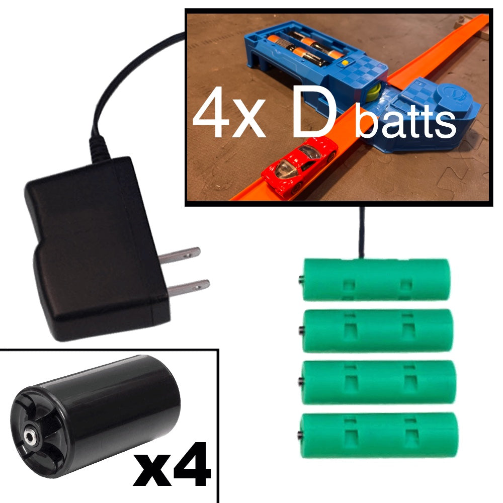 4 D Battery Eliminator Kit for Hot Wheels® Booster - AC Powered - Battery Eliminator Store - Battery Replacement, aa battery to ac power, aaa to ac power, dc power, battery to usb, 9 volt battery to ac power, ac power adapter, 2 aa to ac power, 4 aa to ac power, 3 aaa to ac power, 9v to ac power, ac power supply adapter, cr123a, dummy cell, active cell, battery eliminator, replace battery, eliminate battery, remove battery, convert aa to ac power, 6 aa battery, 2 aa battery, 4 aa battery, 9 volt ac, 120v ba