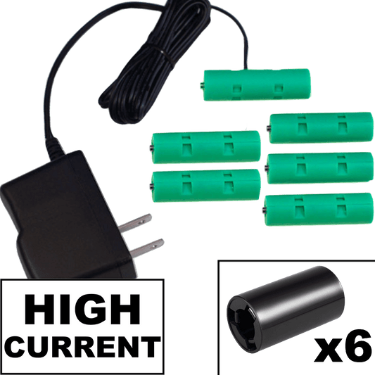 6 C Battery Eliminator Kit - Heavy Duty (2 amps) 9 Volts, AC Powered - Battery Eliminator Store - Battery Replacement, aa battery to ac power, aaa to ac power, dc power, battery to usb, 9 volt battery to ac power, ac power adapter, 2 aa to ac power, 4 aa to ac power, 3 aaa to ac power, 9v to ac power, ac power supply adapter, cr123a, dummy cell, active cell, battery eliminator, replace battery, eliminate battery, remove battery, convert aa to ac power, 6 aa battery, 2 aa battery, 4 aa battery, 9