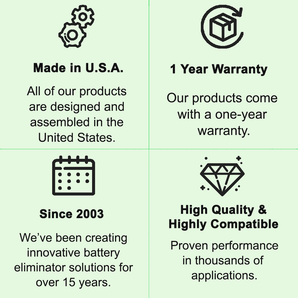 Made in the U.S.A, made in usa, designed and assembled in USA, 1 year warranty, one year warranty, all products one year warranty, customizable, oem, custom solutions, battery eliminator, battery replacement, replace batteries, any battery, fits where any
