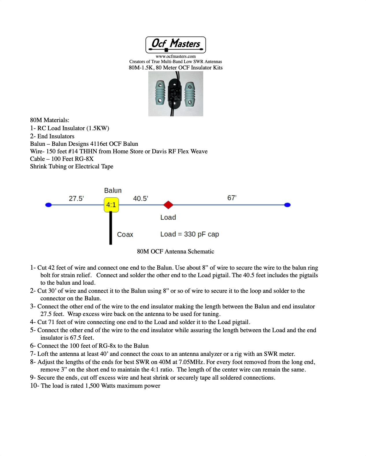 1.5KW Load and Insulator Kits for 80M & 40M OCF and 40M/15M dipoles