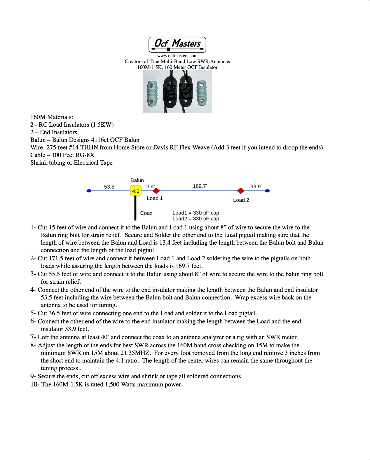 160M, 1.5-Kilowatt OCF Antenna Load and Insulator Kit